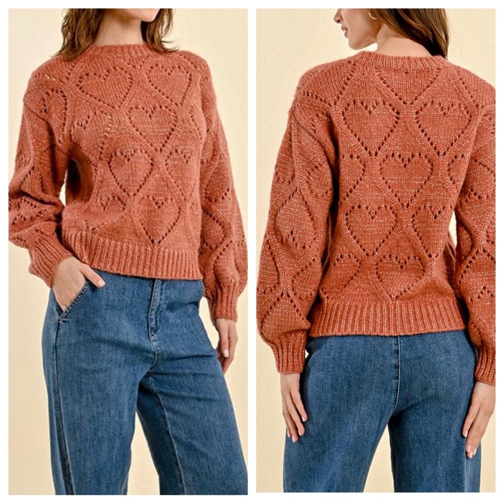 Molly Bracken OPENWORK POINTELLE KNIT AND LUREX SWEATER  XL Terracotta